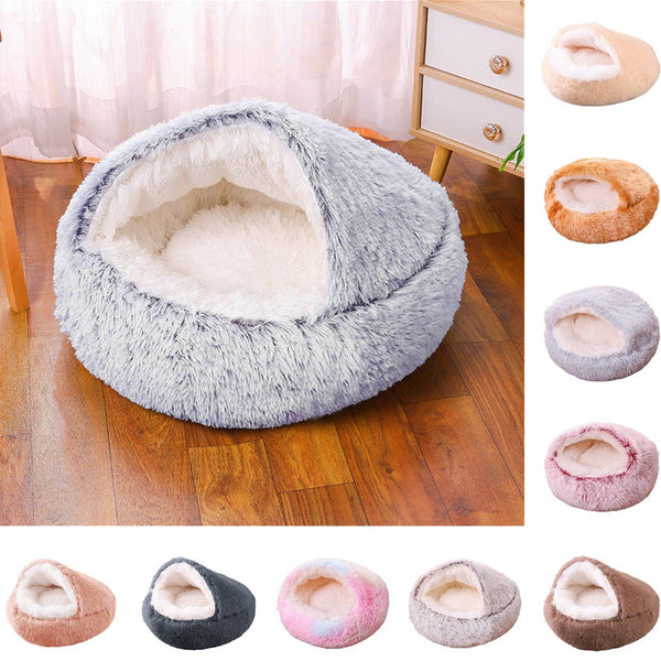 Semi-Enclosed Plush Round Pet Bed for Deep Sleep Comfort