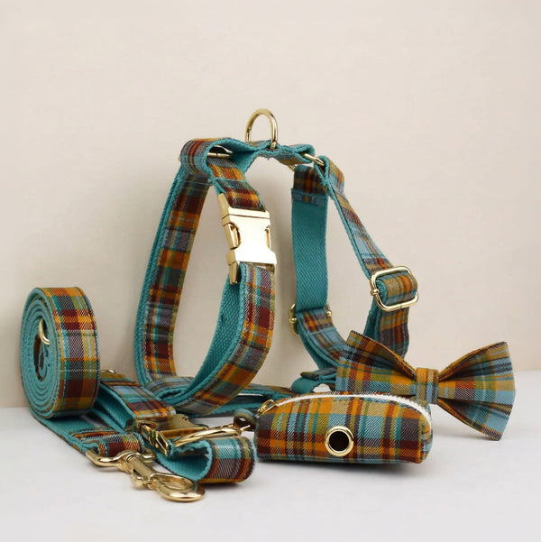 Blue Plaid Dog Harness and Leash Set Adjustable