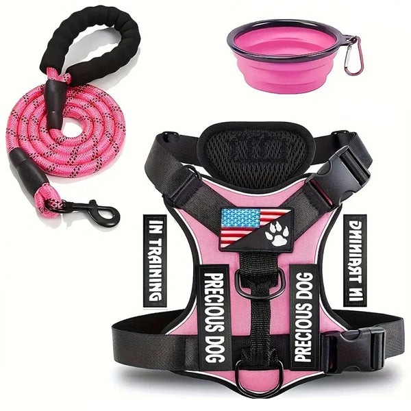 Service Dog Harness Leash Set Reflective Adjustable Vest Folding Bowl