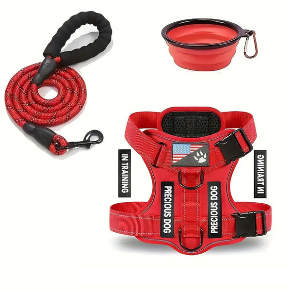 Service Dog Harness Leash Set Reflective Adjustable Vest Folding Bowl