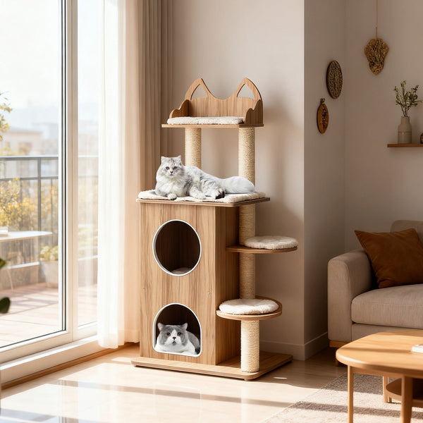 48 Inch Wooden Cat Tree Two Floor Condo Washable Cushions